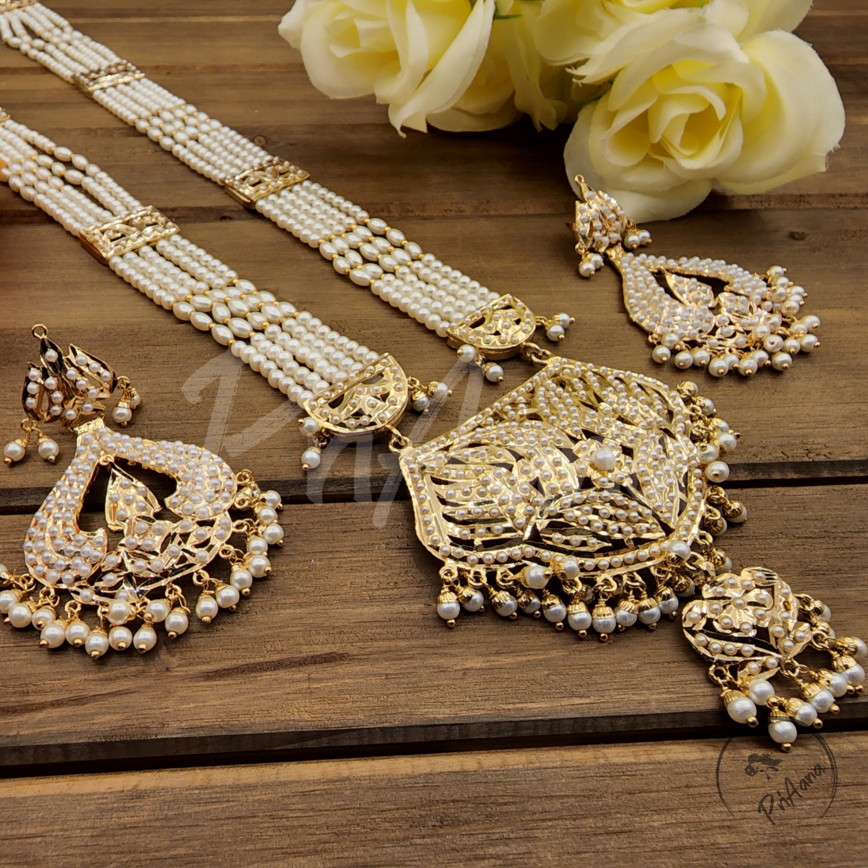 Chavi Jadau Long Mala  with Semi Precious Pearls