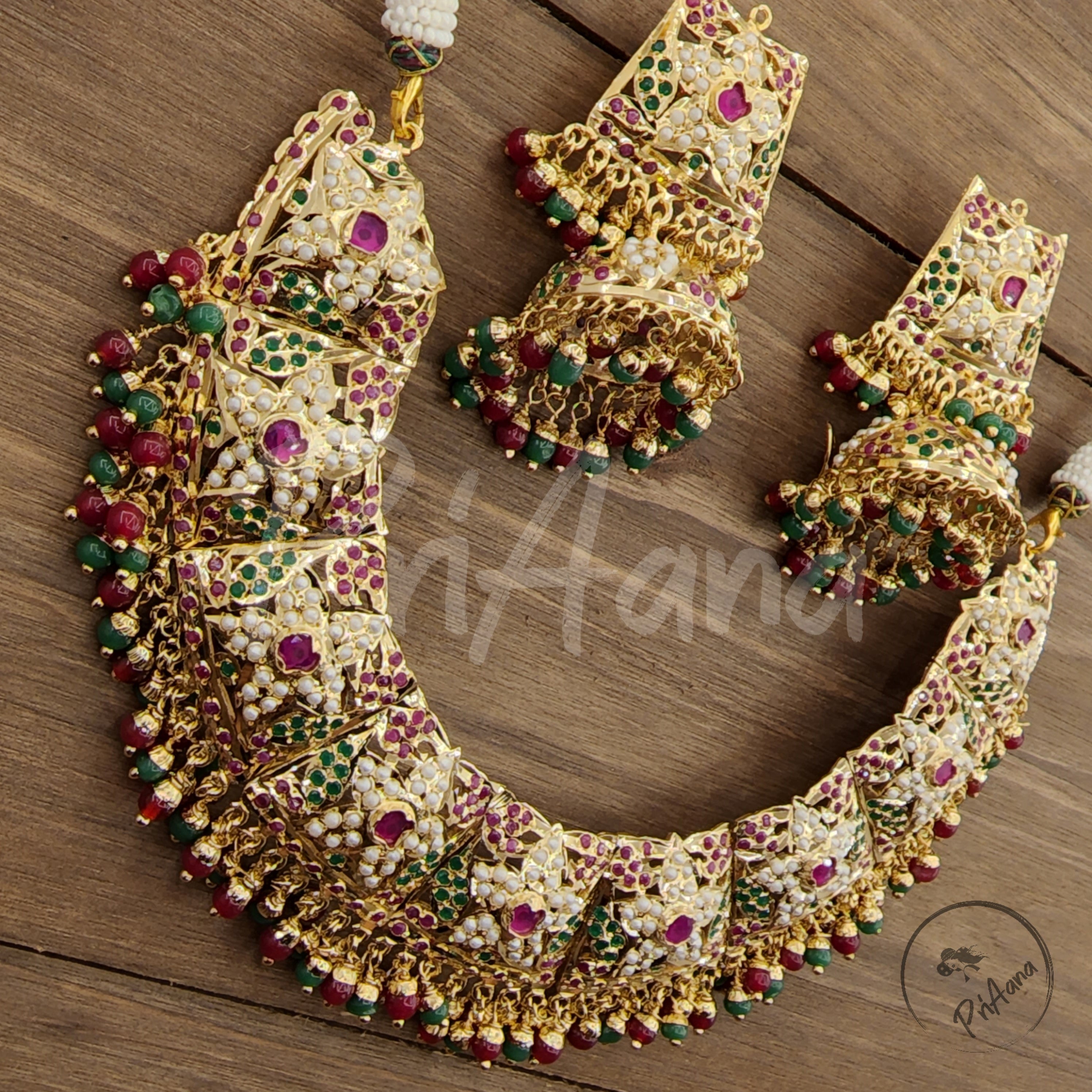Aaditri Jadau Necklace Set  with Semi Precious Pearls