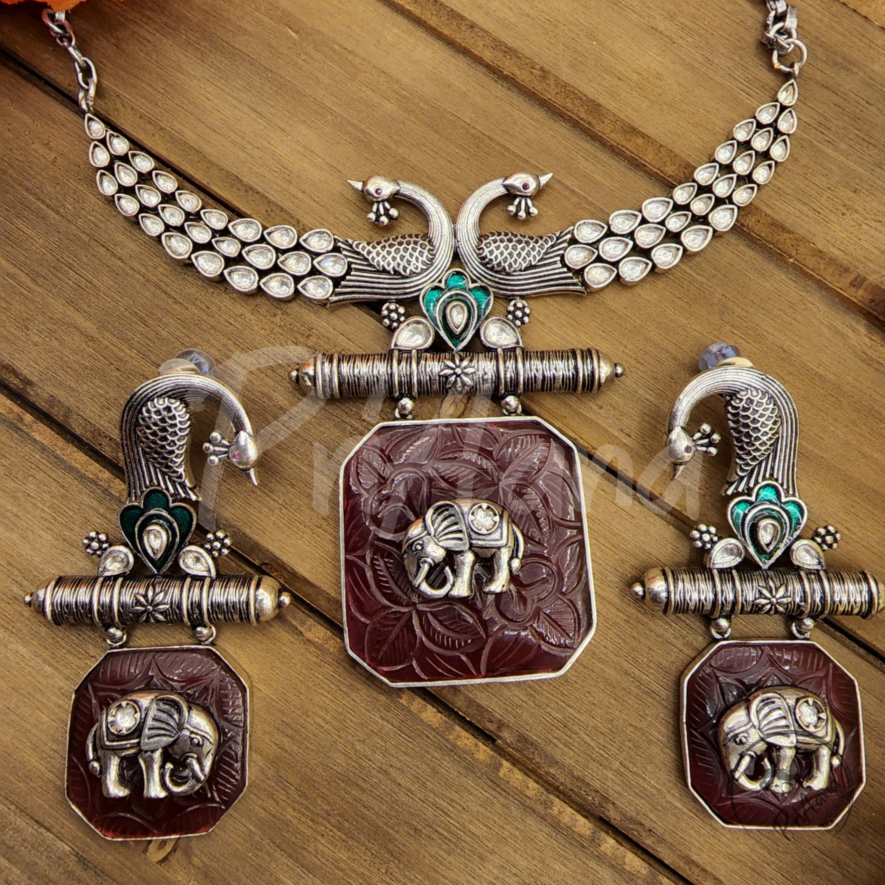 Drsika Amrapali Inspired Kundan with Natural Carved Stone Necklace Set